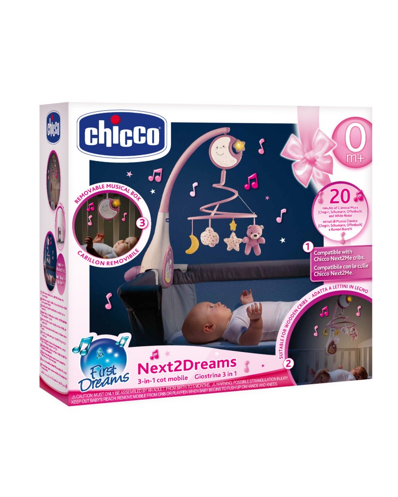 Chicco Βρεφικό Περιστρεφόμενο Κούνιας με Μελωδίες 3 σε 1 Next2Dreams Ροζ Για 0+