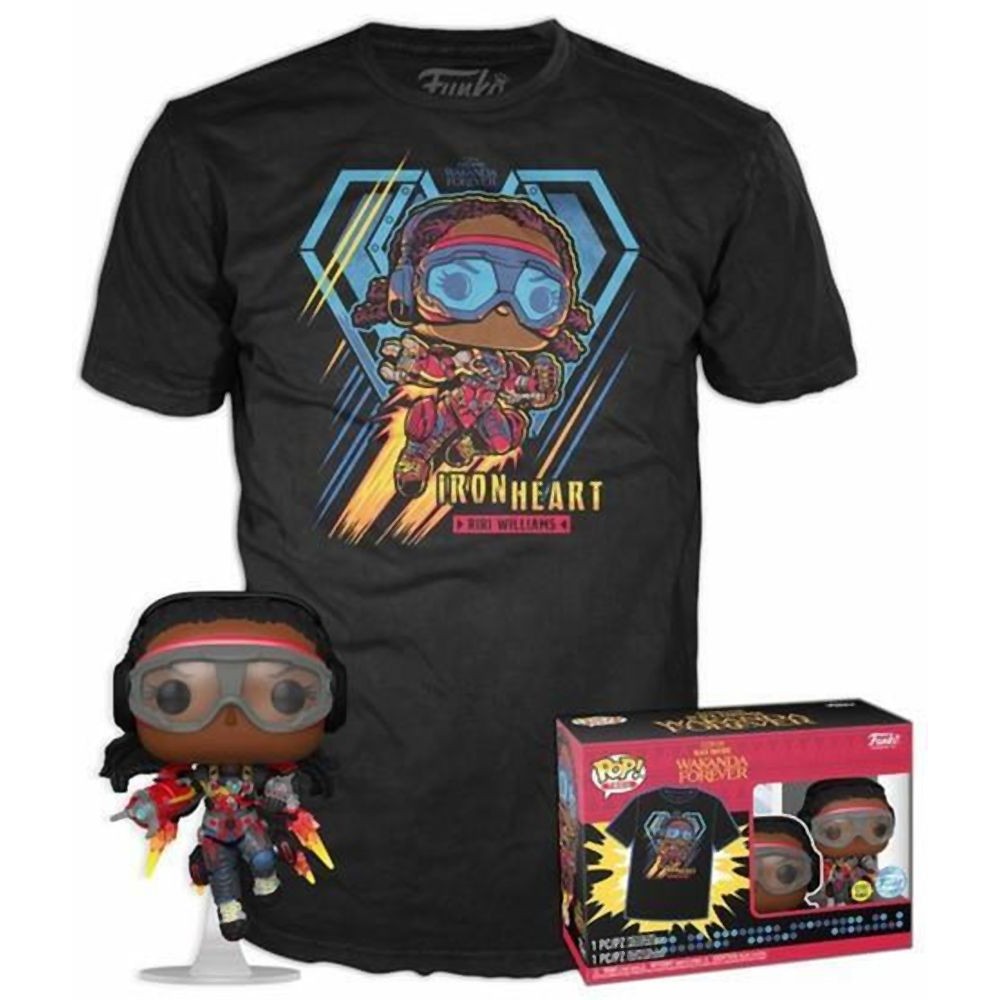 Funko Pop!  Tee (Adult): Marvel Black Panther Wakanda Forever - Iron Heart Riri Williams (Glows in the Dark) Bobble-Head Vinyl Figure and T Shirt (S)