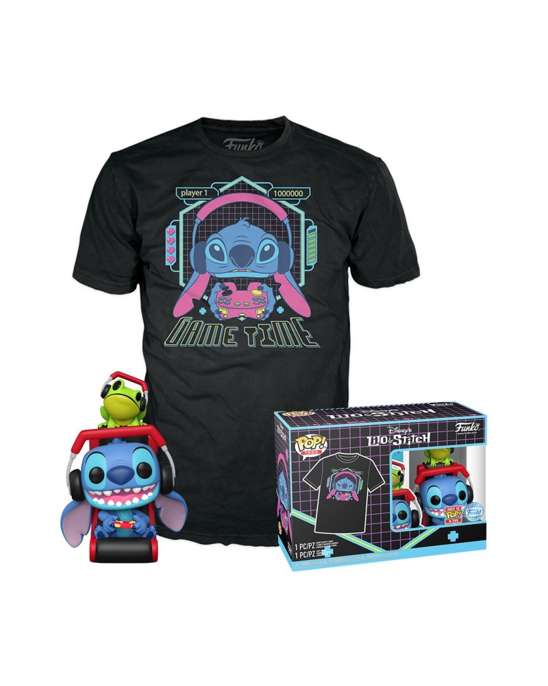 Funko Pop! &amp; Tees (Adult): Lilo and Stitch - Gamer Stitch with Frog Vinyl Figure and T-Shirt (L)