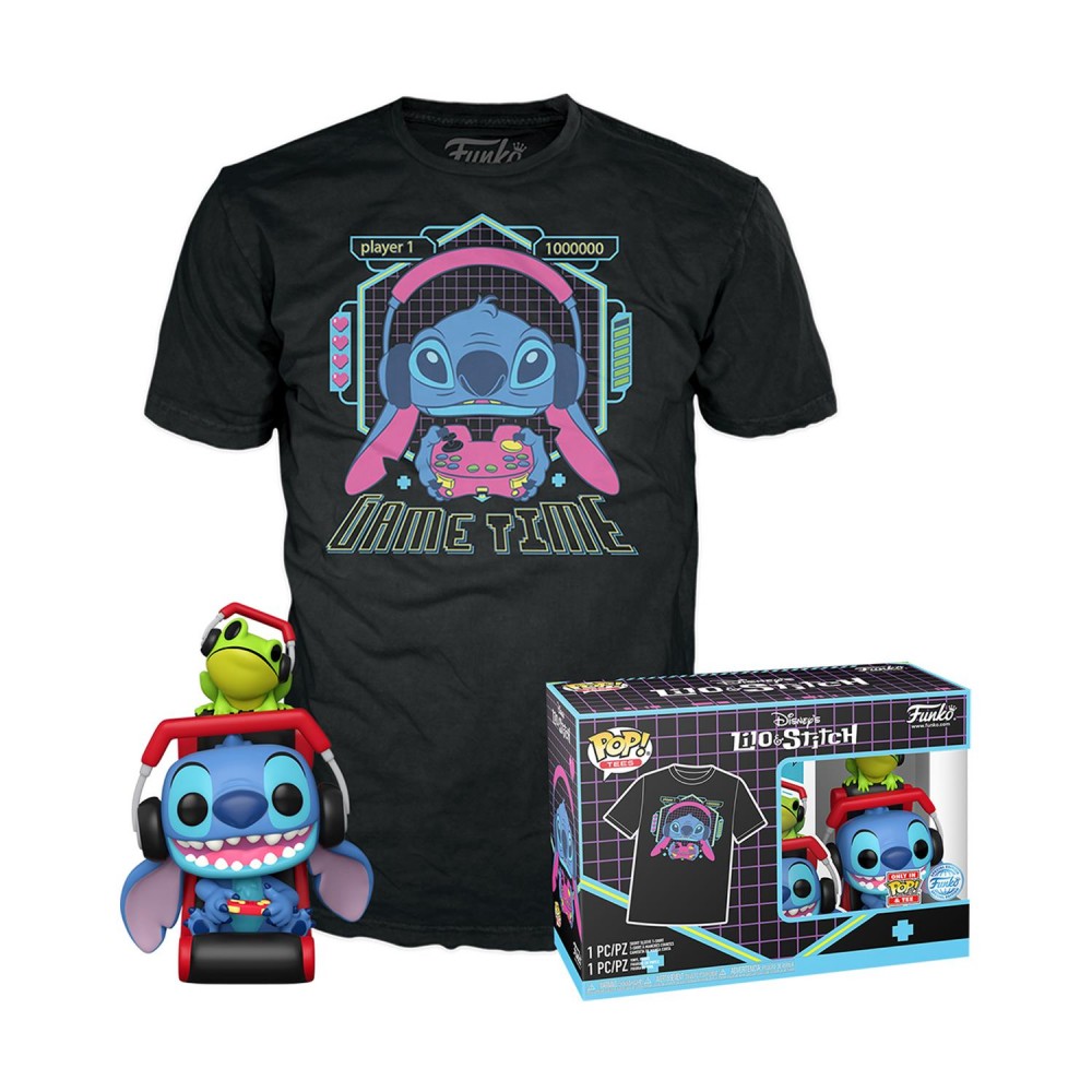 Funko Pop! &amp; Tees (Adult): Lilo and Stitch - Gamer Stitch with Frog Vinyl Figure and T-Shirt (L)