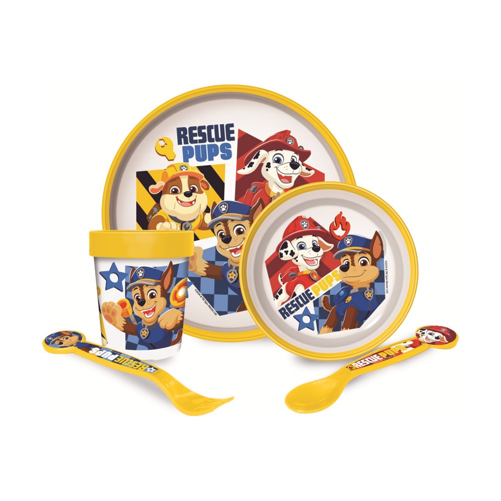 Stor: Paw Patrol Boy Rescue Pups 5 Pcs -Non Slip Bicolor Premium Set (Plate Bowl Tumbler 260 Ml &amp; Cutlery) (81681)
