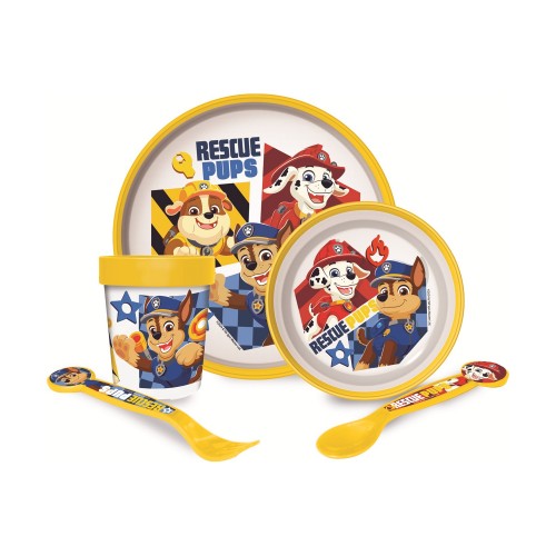 Stor: Paw Patrol Boy Rescue Pups 5 Pcs -Non Slip Bicolor Premium Set (Plate Bowl Tumbler 260 Ml &amp; Cutlery) (81681)