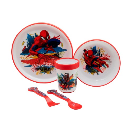 Stor: Marvel Spiderman - 5 Pcs Non Slip Bicolor Premium Set (Plate Bowl Tumbler 260 Ml &amp; Cutlery) (83581)