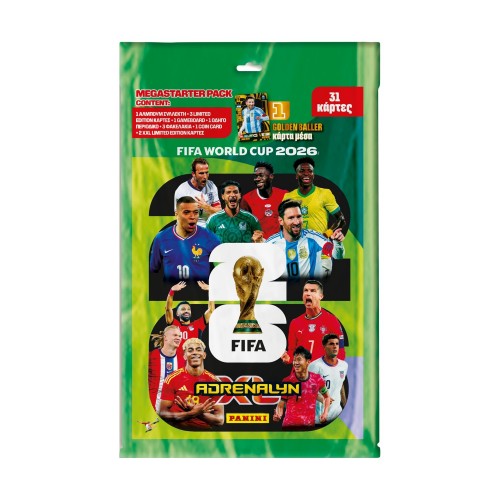 Panini World Cup 2026: Adrenalyn Mega Starter Pack (1 binder, 1 οδηγό συλλογής, 1 game board, 3 φακελάκια με 8 κάρτες έκαστο, 3 limited edition κάρτες, 2 XXL Limited edition κάρτες, 1 golden baller κάρτα &amp; 1 coin card)